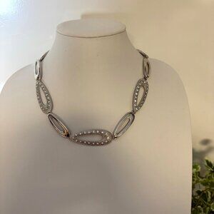 Silver Tone Tear Drop Oval Link Necklace Rhinestones Sparkle Elegant